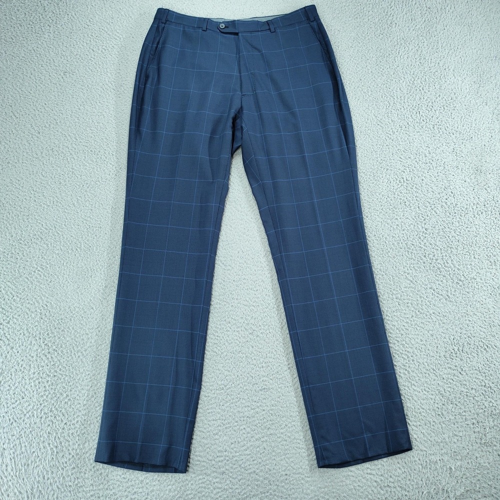 J. Hilburn Pants Mens 34x33 Blue Check Slim Fit Wool Dress Trousers Canonico